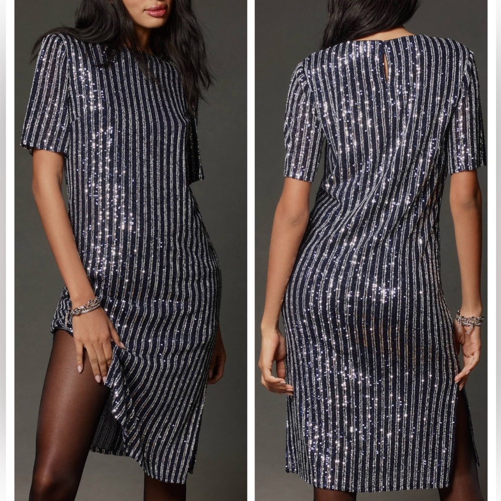 Anthropologie Flat White Sequin Stripe Relaxed Fit Navy Silver Party Dress XS